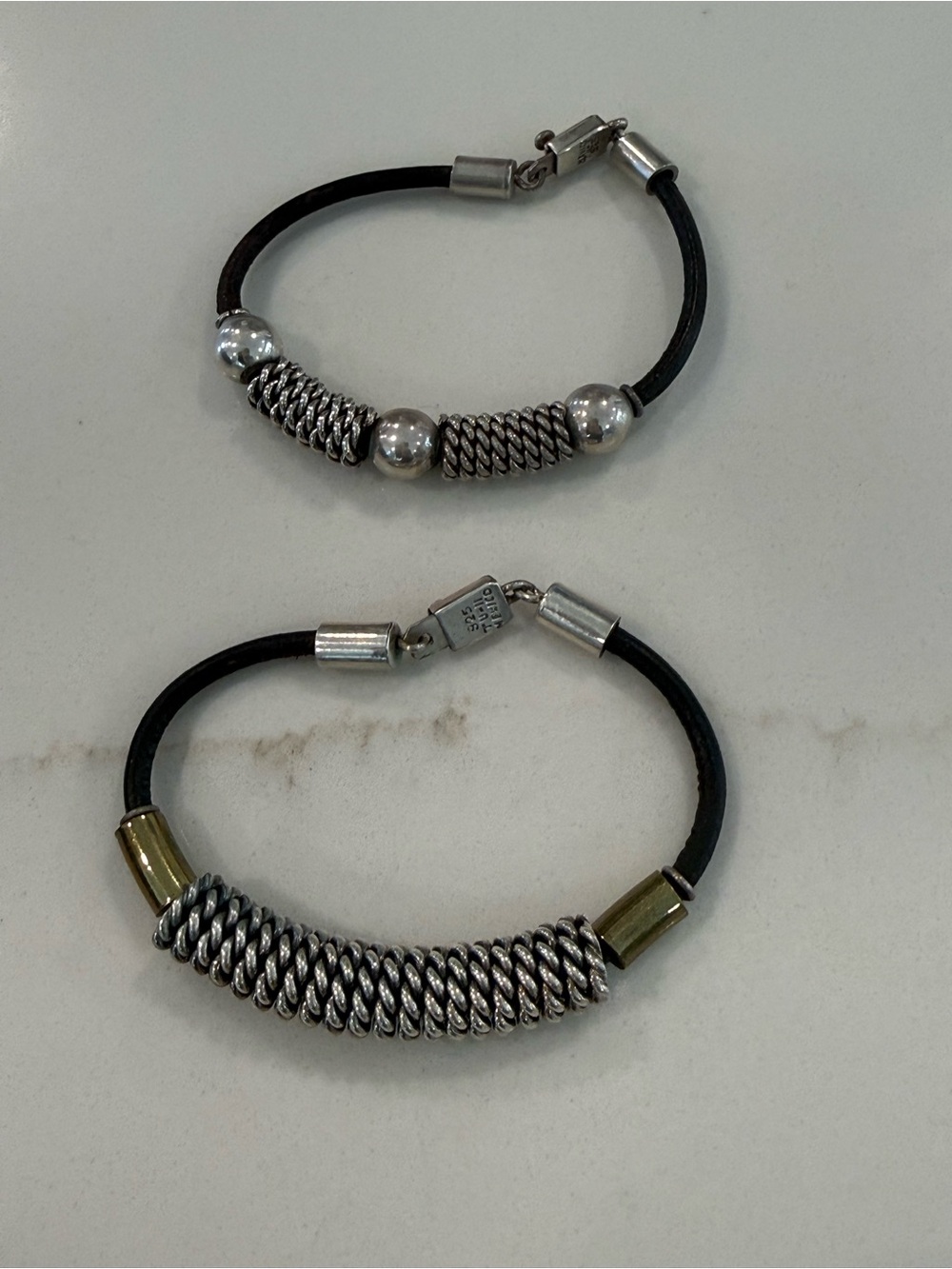Vintage Mexican Sterling Silver and Leather Bracelets Set of 2